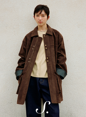 shyshy“热可可摩卡”环保麂皮绒皮革拼接分割大廓形中长款外套