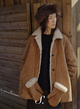 shyshy“栗子松茸”驼色两面穿羊毛皮毛一体自带手套翻领外套