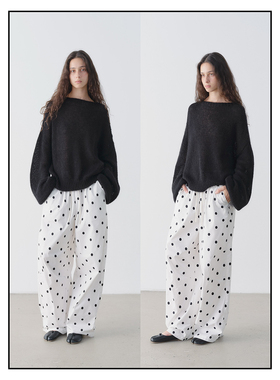 shyshy“波点长裤”白色棉质大波点抽绳休闲宽松长裤