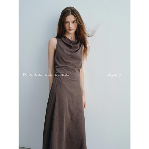 shyshy荡领无袖捏褶收腰连衣裙