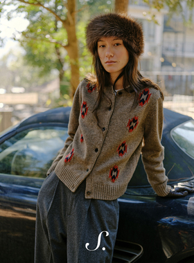 shyshy重磅全羊毛红色菱形格精致小版型双色开衫