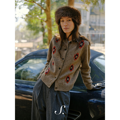 shyshy重磅全羊毛红色菱形格精致小版型双色开衫