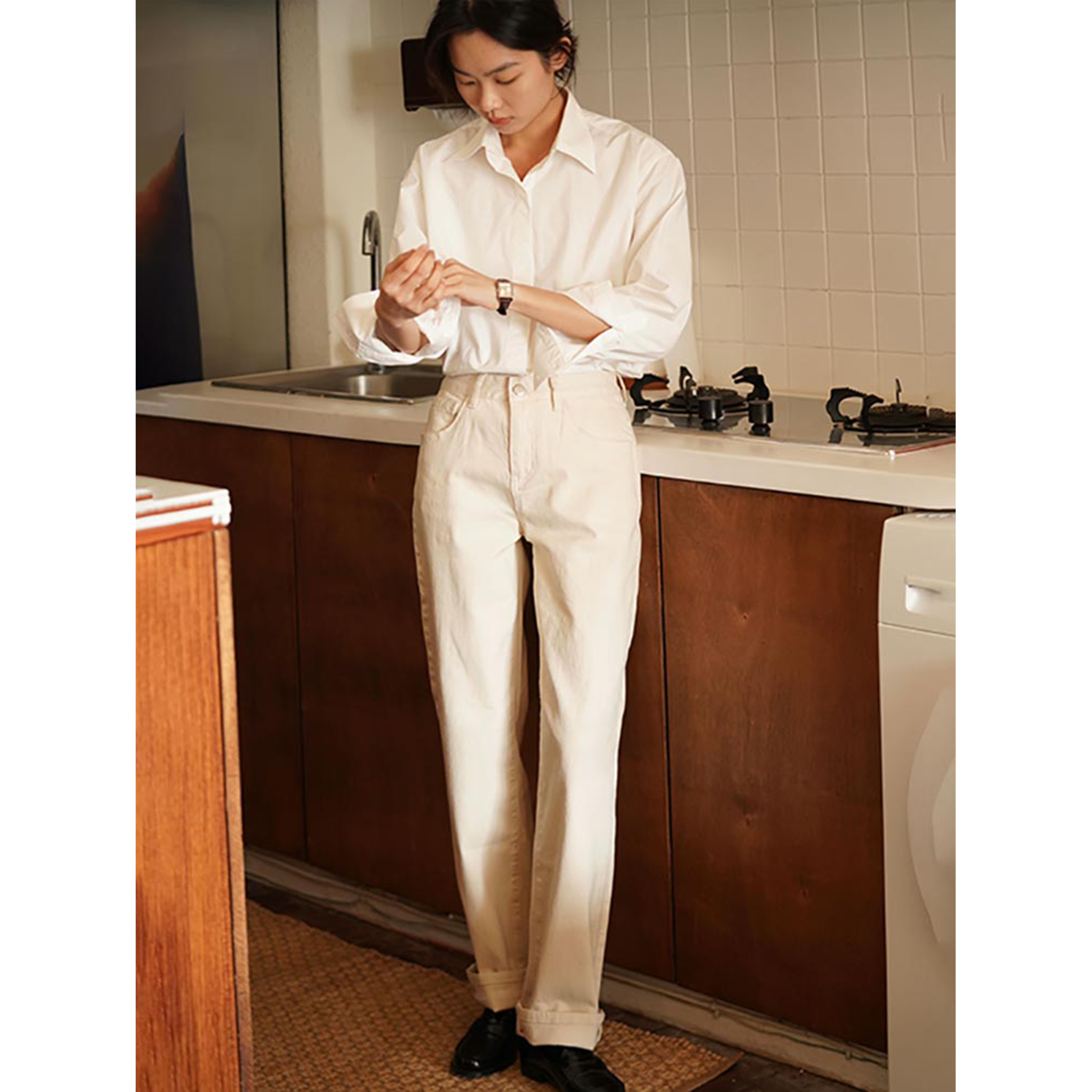 籽棉白色牛仔高腰直筒拖地