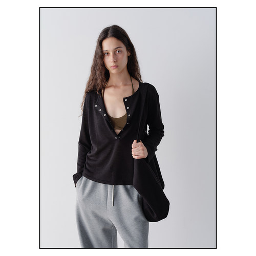 shyshy“自由帆”天丝针织衫秋装银色金属按扣三色长袖轻薄罩衫