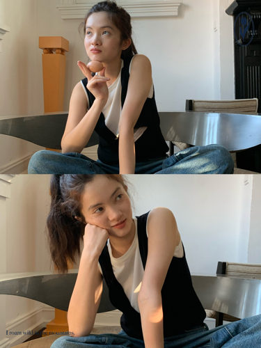 shyshy无袖轻薄假两件条纹