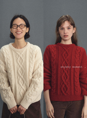 shyshy“90年代”三色重磅美丽奴羊毛粗棒麻花圆领毛衣