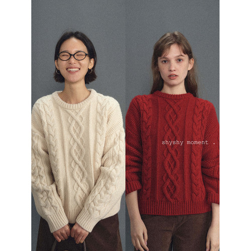 shyshy三色羊毛麻花圆领毛衣