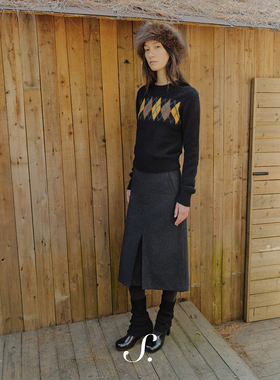 shyshy黑灰羊毛半裙内折工字褶双色绵羊毛质感简约利落中长款半裙