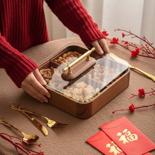 新年实木玻璃分格干果盒金色把手简约家用木质坚果盒零食收纳盒子