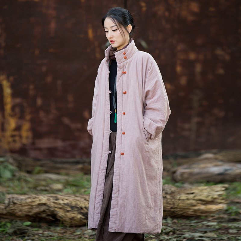 新中式棉麻复古国风盘扣长款棉袄