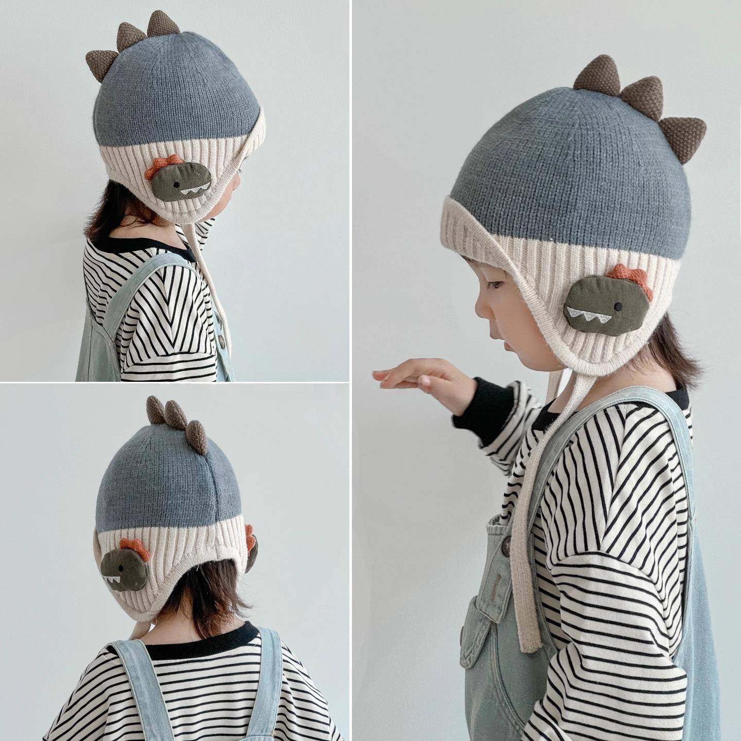 儿童帽子秋冬毛线帽男童卡通恐龙护耳帽女童宝宝保暖男孩针织帽薄