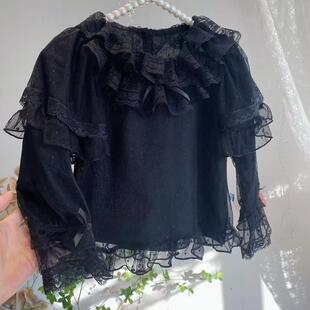 女童双层蕾丝花边袖子黑色打底衫洛丽塔洋气内搭春秋款百搭上衣