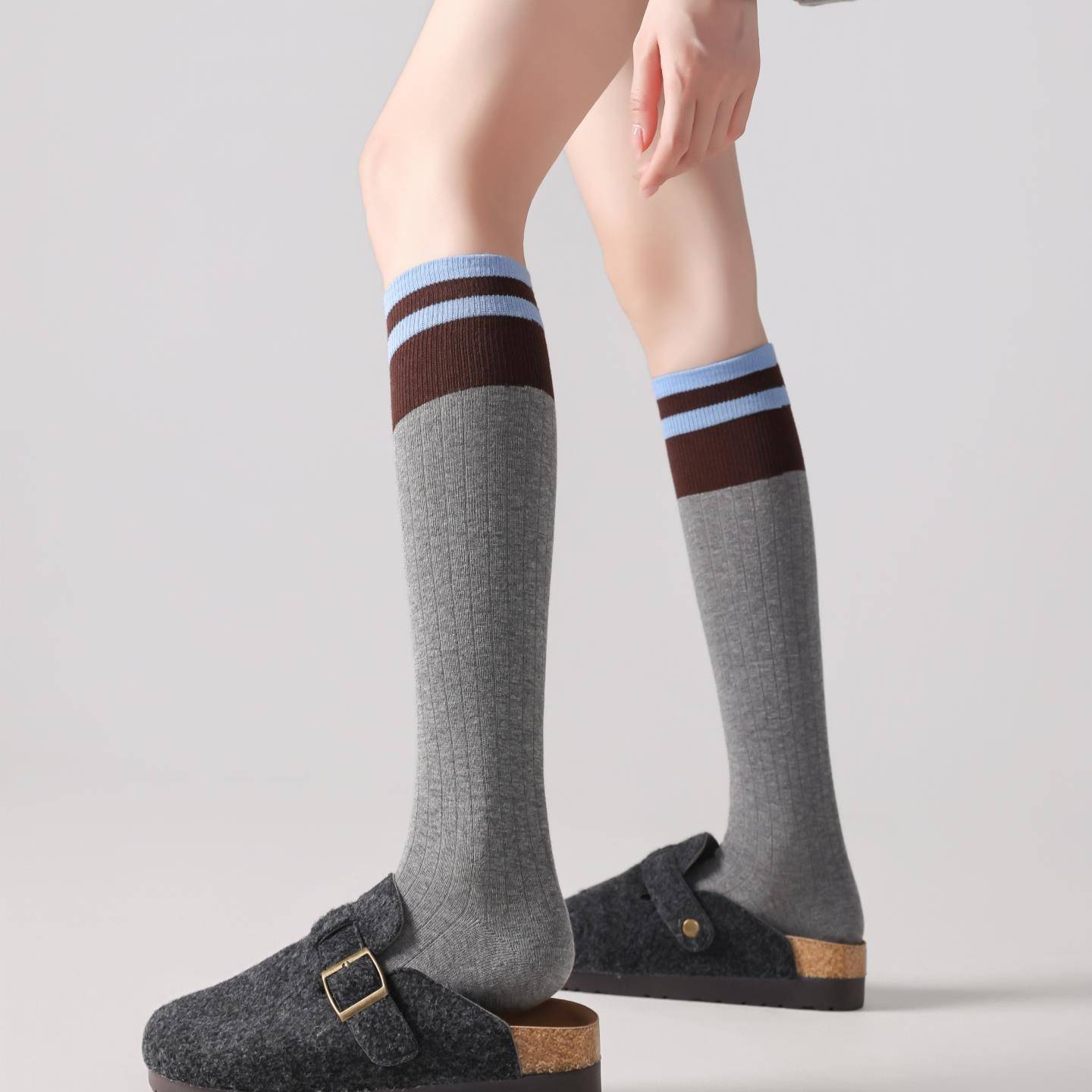 拼色小腿袜灰色压力显瘦袜子女学院条纹长筒配小皮鞋JK棉袜秋冬款