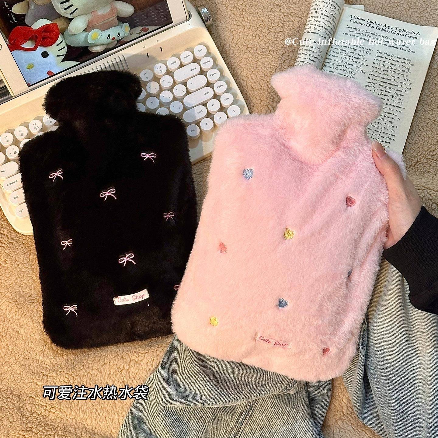 新款热水袋加厚防爆注水式暖水袋毛绒可爱灌水热敷宫腹肚子暖手袋