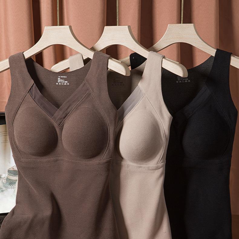 8803石墨烯背心文胸女秋冬无痕贴合自发热固定杯锁温V领长款秋衣