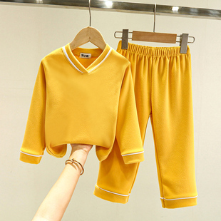 儿童双面德绒睡衣女童春秋纯棉长袖长裤家居服中大童男孩内衣套装