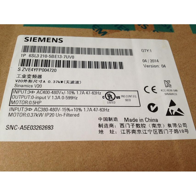 拍前询价：6SL32105BE137UV0 V20变频器0.37KW功率6SL3210-