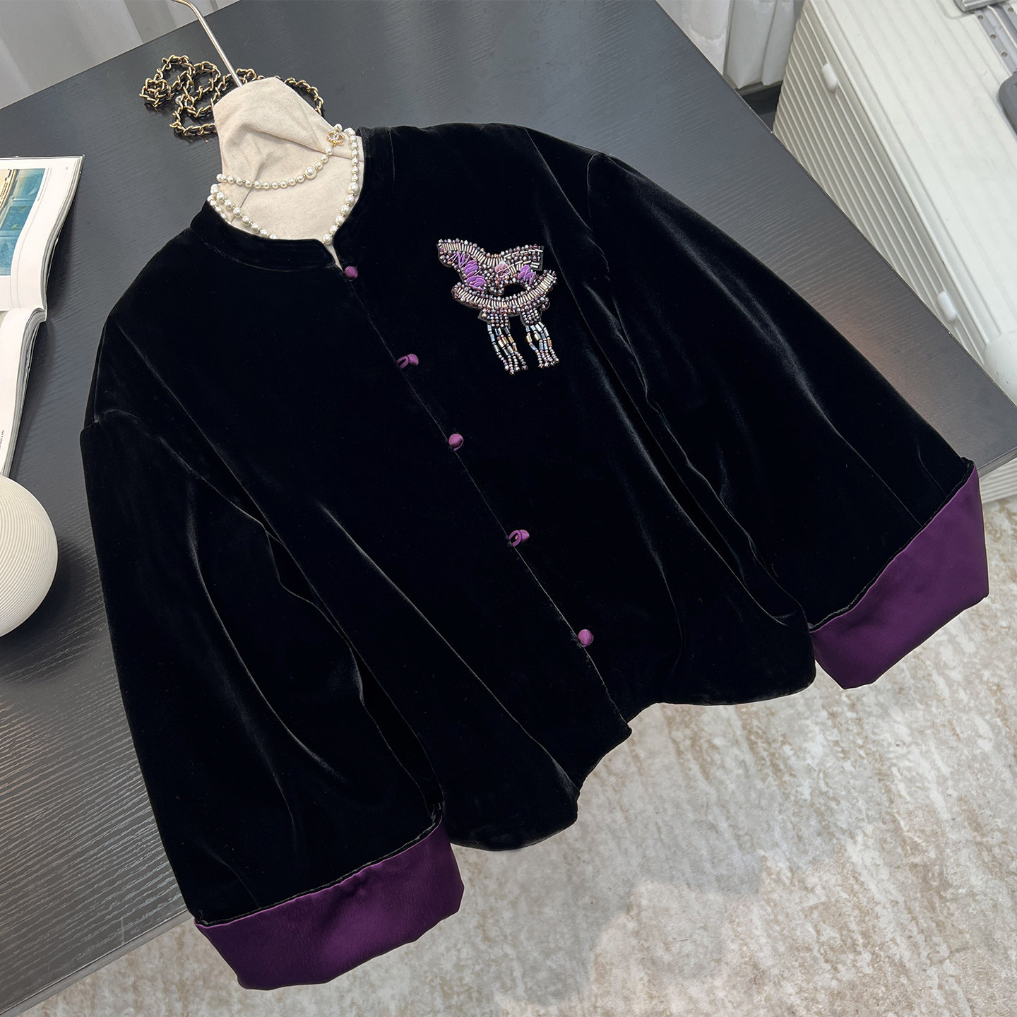 复古风真丝丝绒外套女2026春季宽松洋气质立领钉珠单排扣短外套时,女装/女士精品,短外套,淘宝优惠券,粉丝福利购,淘宝优惠卷