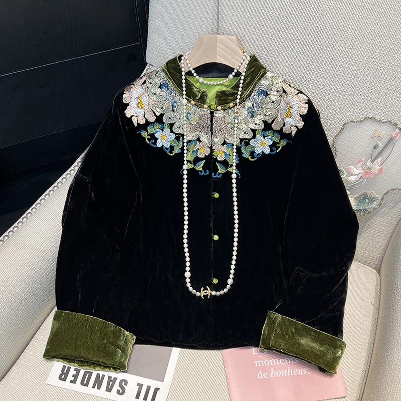 蜜雯琪香云纱拼丝绒立领短外套