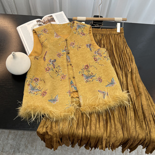 高腰显瘦松紧压褶半裙两件套 女2025秋冬季 新中式 重工刺绣马甲套装