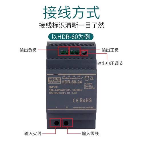 导轨式开关电源HDR-15W30W60W100AC220V转DC12V24V2.5A150w变压器