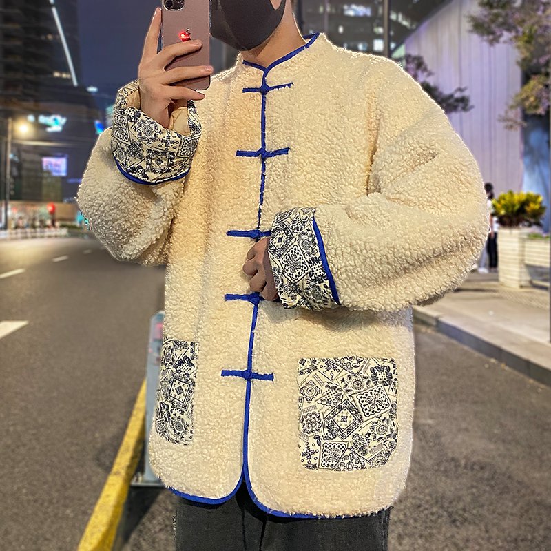 中国风复古盘扣羊羔毛唐装棉衣男宽松棉服潮流秋冬季加厚国潮外套