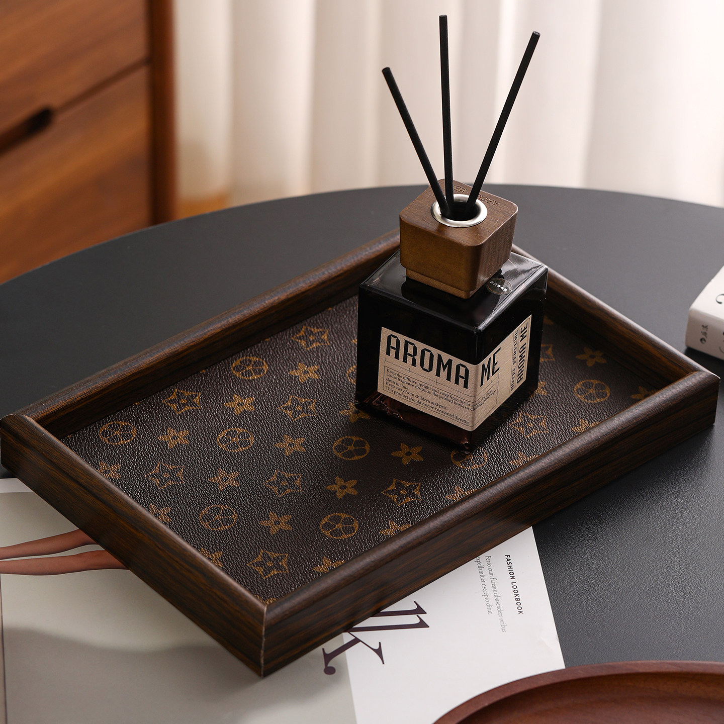 法式复古长方形桌面首饰摆件钥匙玄关收纳盒轻奢皮革茶盘托盘家用