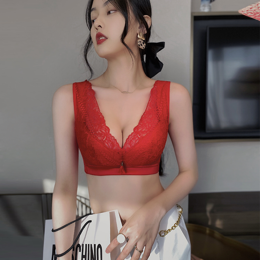 卉岩红色大码无钢圈大胸显小胸罩