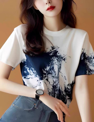 25年新国风T恤上衣女夏季扎染印花撞色渐变半袖宽松大码200斤短袖