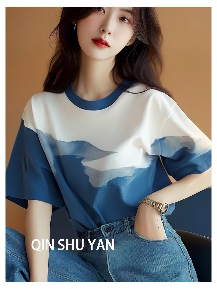 新中式国风女装蓝色水墨印花短袖t恤2025新款夏独特别致大码200斤