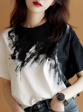 2025年新国风款水墨印花黑白晕染女短袖T恤女士夏款洋气上衣大码