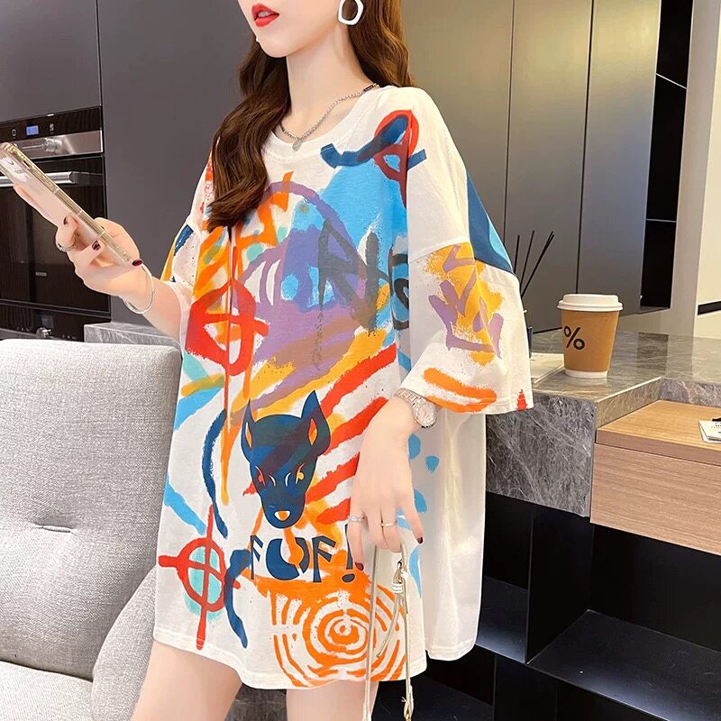 设计感小众短袖t恤女夏季韩版宽松大码女装中长款涂鸦ins上衣服潮