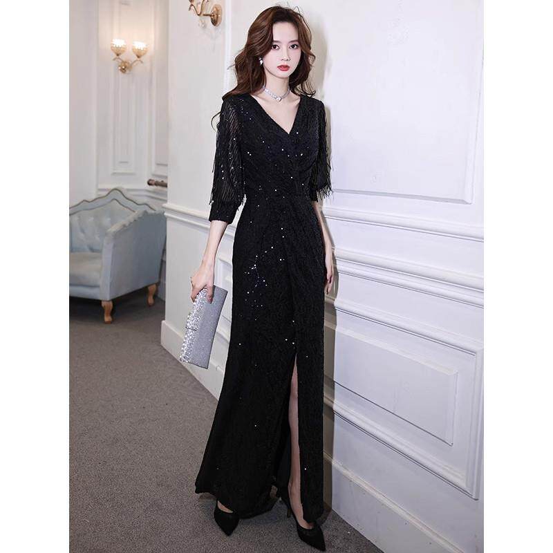 亮片黑色晚礼服女高级感春季新款宴会气质修身主持人演出轻奢小众