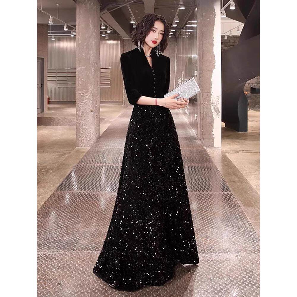 法国黑色女士晚礼服2025新款高端宴会优雅长裙举办亮片表演大赛