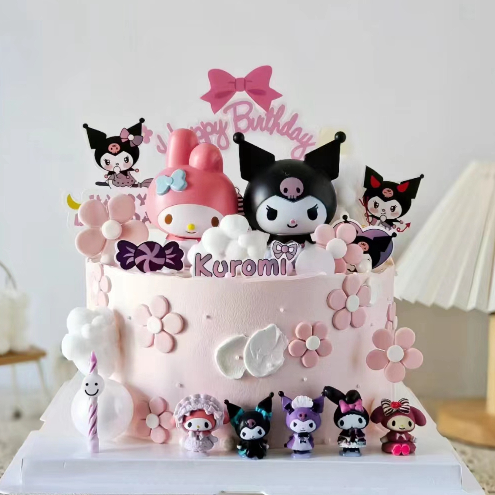 粉色美乐蒂库洛米小花亚克力女孩生日蛋糕装饰插件黑色蝴蝶结发箍