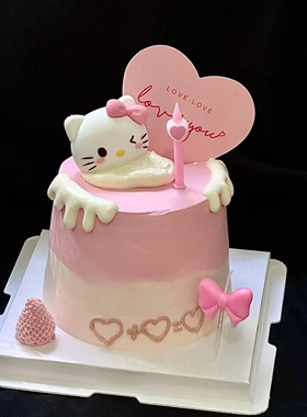甜蜜少女心hellokitty粉色爱心蛋糕装饰摆件女神生日甜品KT猫配饰
