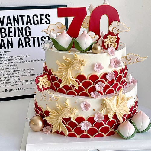 红金鱼鳞蛋糕装饰围边爷爷奶奶过寿寿桃福禄寿烘焙翻糖甜品台模具