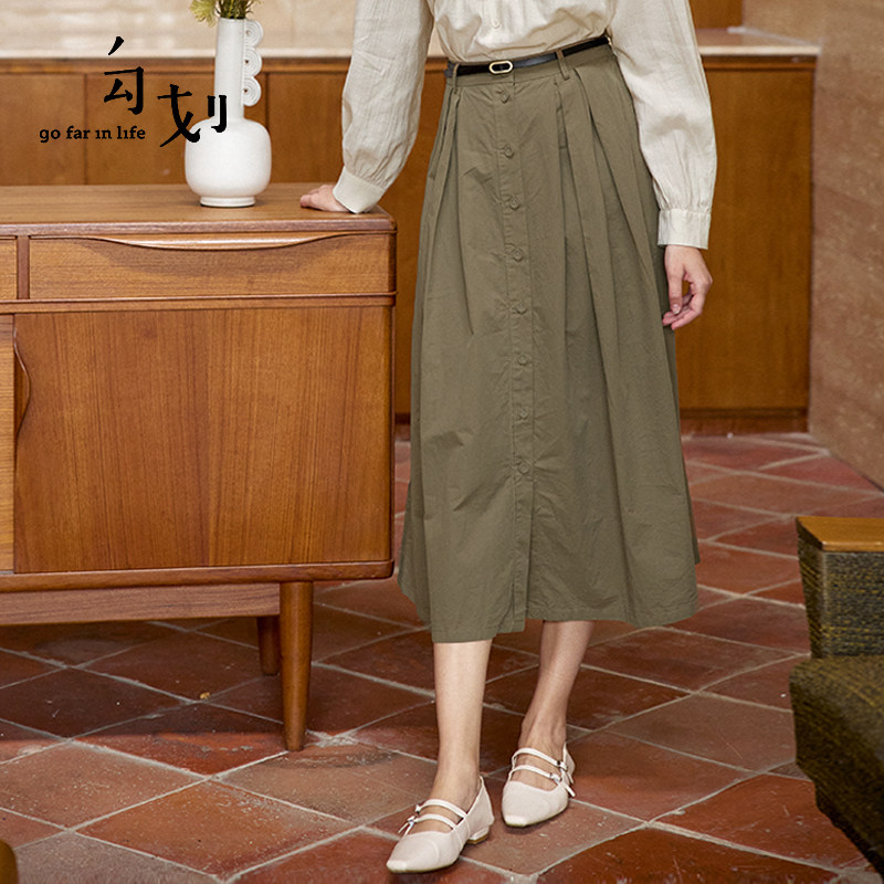 gofar勾划 复古高腰压褶半身裙中长款春季新款休闲a字伞裙