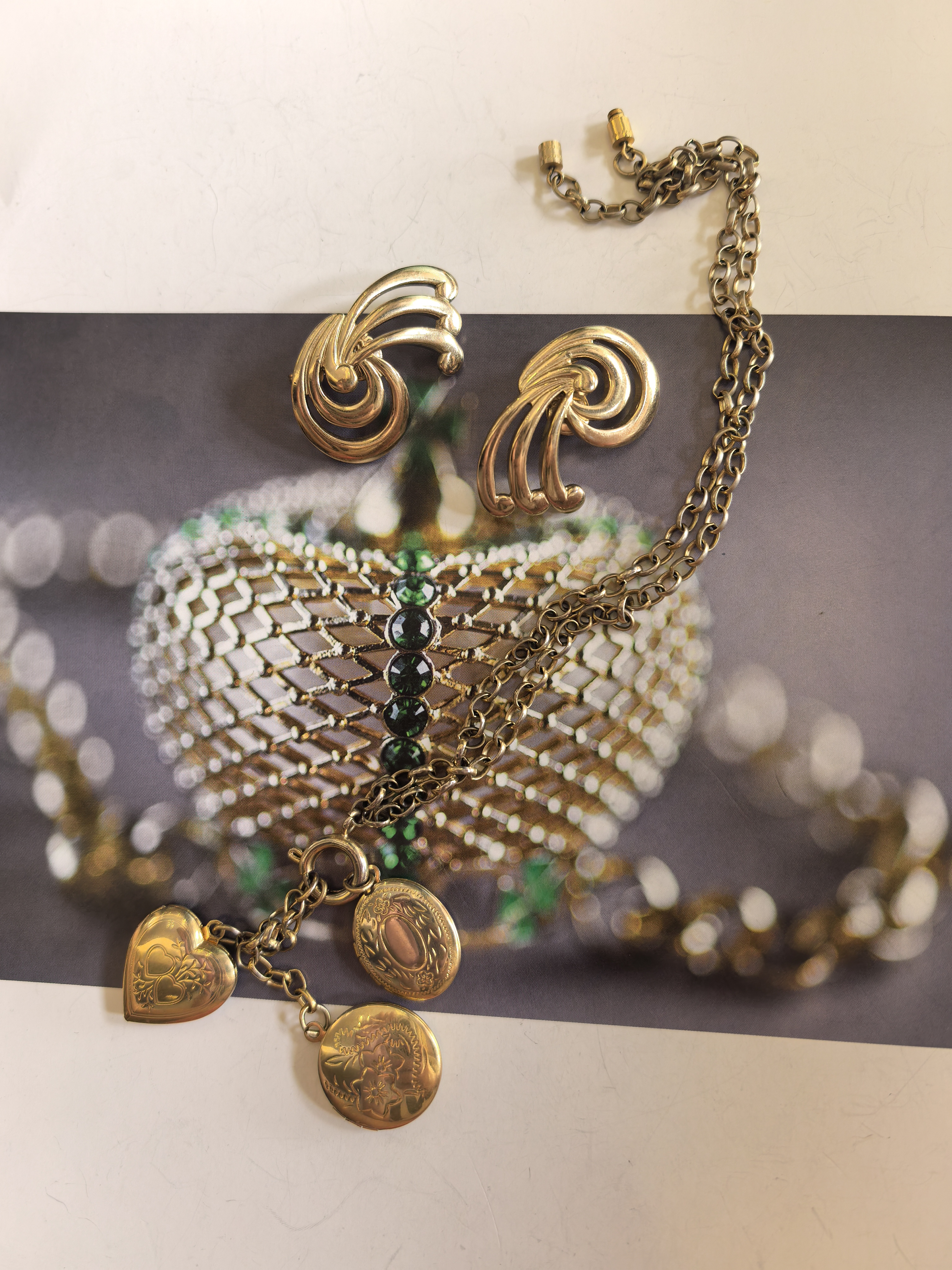 Vintage复古首饰monet素金中古项链耳夹套装