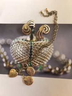 Vintage复古首饰monet素金中古项链耳夹套装