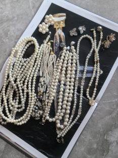 Vintage复古首饰trifari琉璃珍珠古项链耳环耳饰无耳洞耳夹夹耳骨