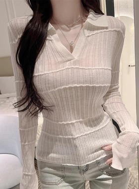 白色POLO领薄款长袖针织衫女秋季新款坑条修身T恤设计感气质上衣