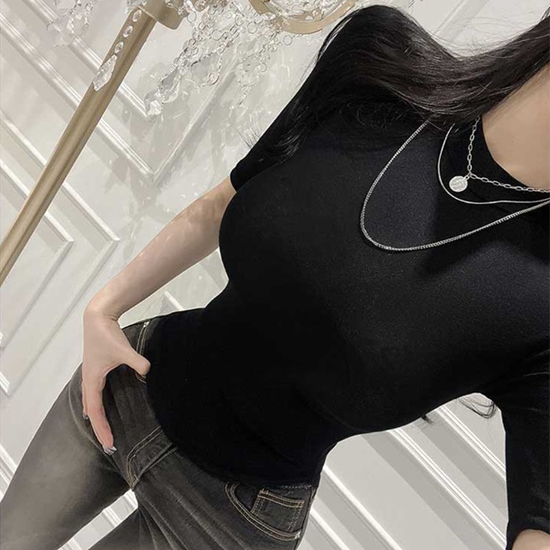 四季款半高领薄款紧身中袖上衣