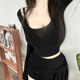 上衣性感微透显胸大U领紧身打底衫 T恤女辣妹短款 纯欲长袖 春秋薄款