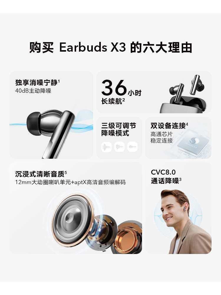 荣耀亲选 moecen earbuds x3蓝牙耳机入耳主动降噪无线超长待机90