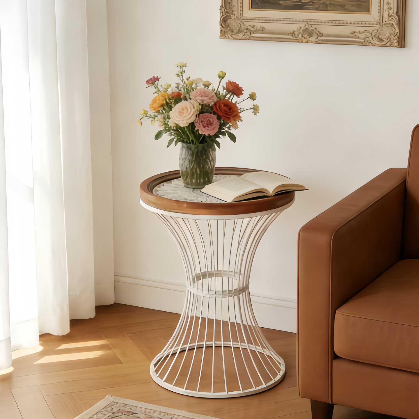 美式乡村客厅沙发边几铁艺角几实木雕花复古圆形桌子小茶几咖啡桌