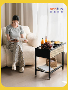 2025新的黑色实木中世纪藤条移动咖啡桌与轮子边桌客厅沙发边覆古