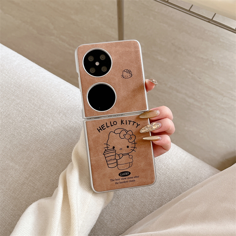 适用华为pocket2手机壳新款小折叠屏p50pocket翻盖保护套女款卡通kitty猫Pocket S全包防摔p60皮质电镀高级感