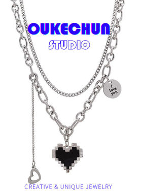 黑色马赛爱心像素桃心吊坠双层项链ins潮嘻哈毛衣链女