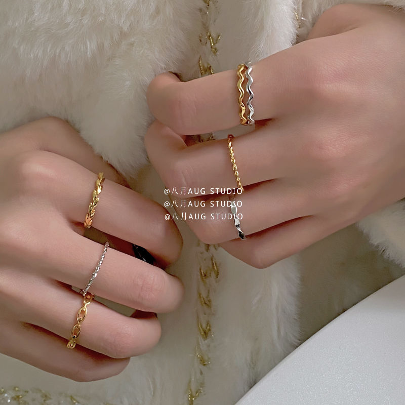 八月AUG* 简约细款百搭个麻花波浪纹开口戒指女生食指学生指环